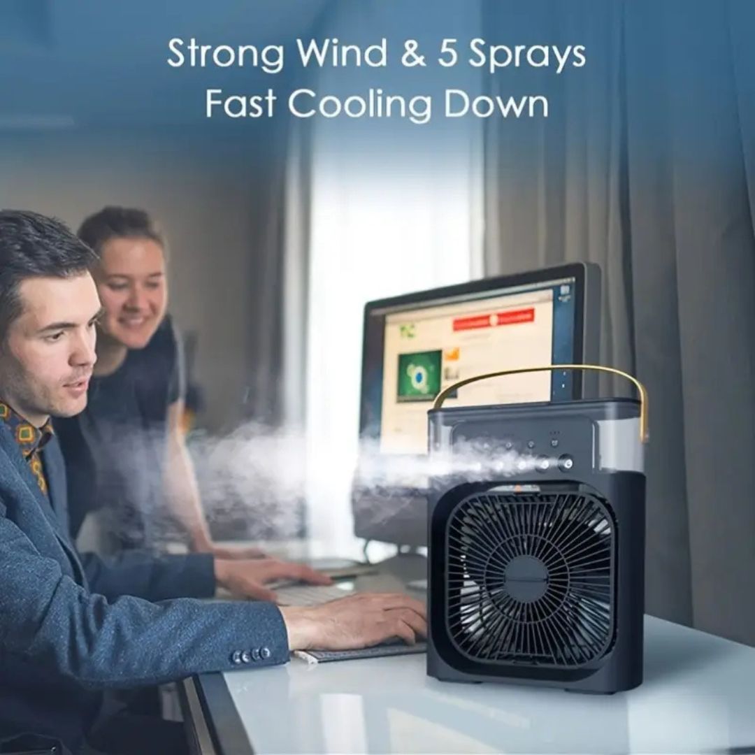 Compact personal air cooler with humidifying function, ideal for home & office.