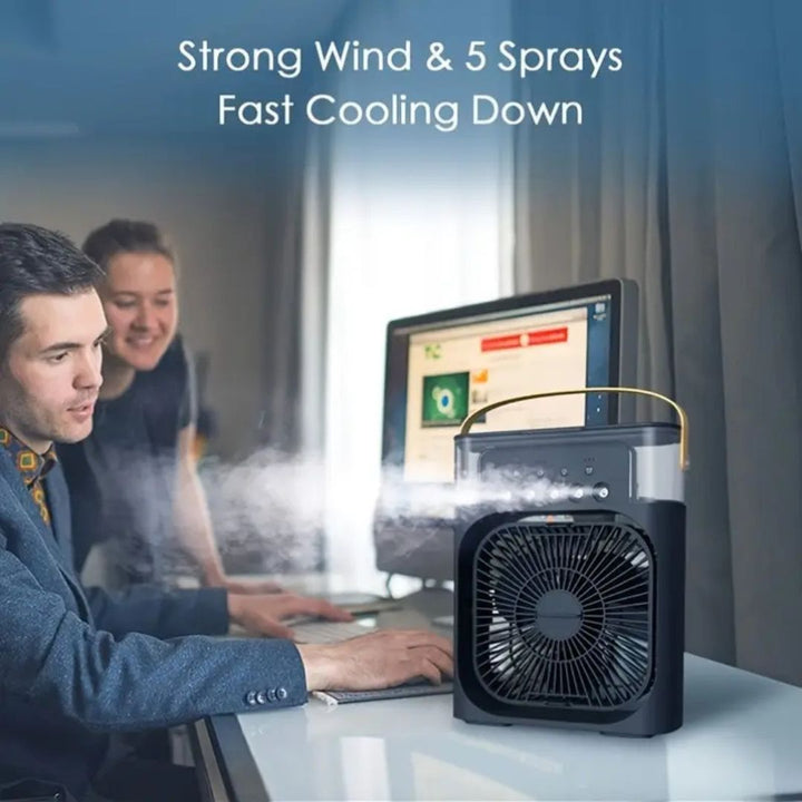 Compact personal air cooler with humidifying function, ideal for home & office.
