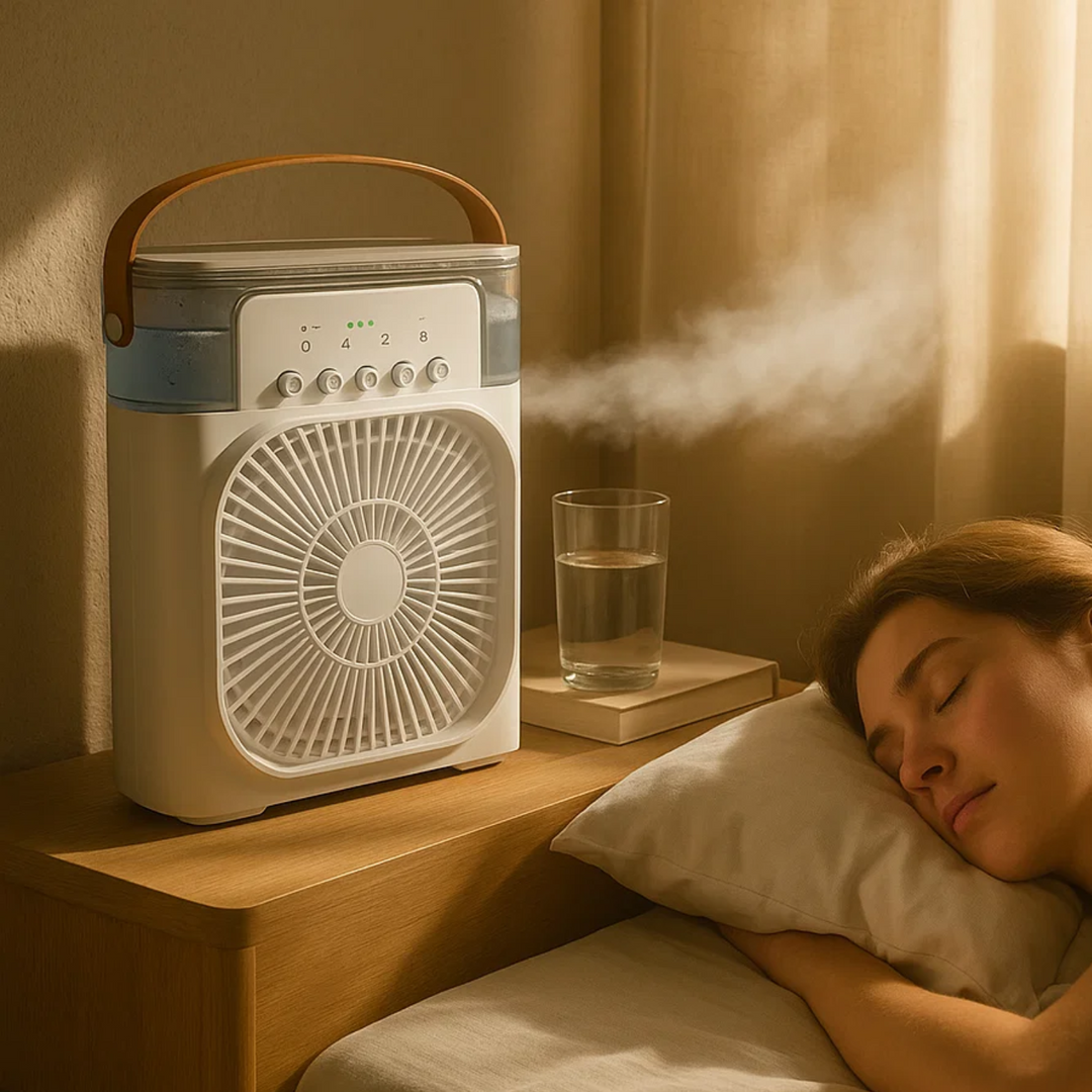 Designed for comfort: a portable 3-in-1 air cooler, humidifier, and desk fan.