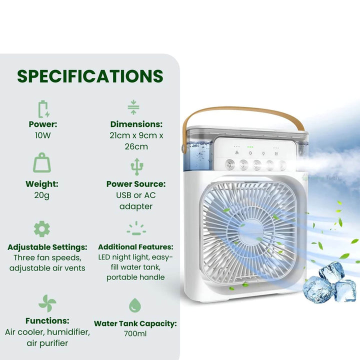 Portable 3-in-1 cooling fan, humidifier, and air purifier for ultimate home comfort.