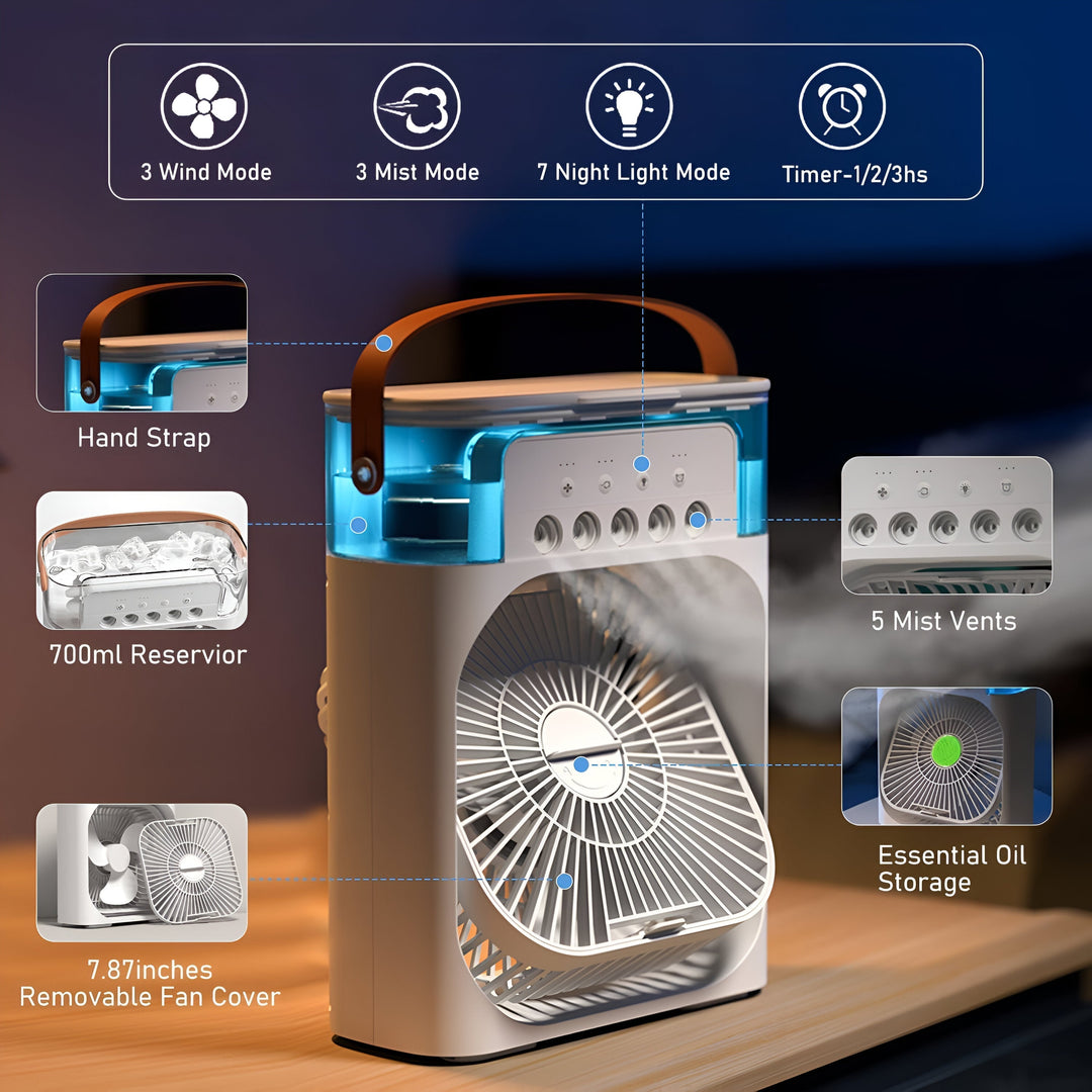 Compact personal AC alternative: a portable 3-in-1 air cooler, humidifier, & fan.