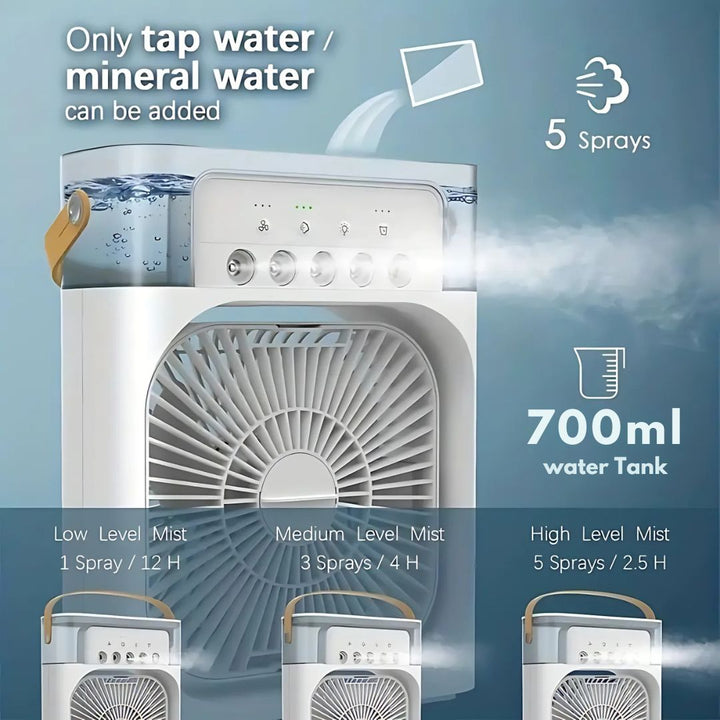 Efficient desk fan with cooling & humidifying, an office essential for summer.