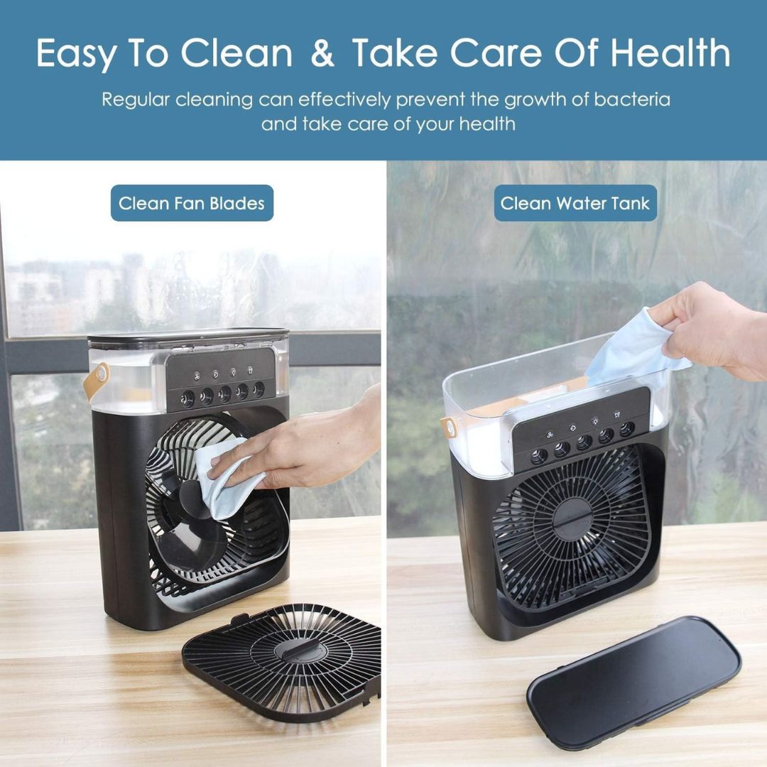 Stylish personal fan and air cooler for small spaces, perfect for summer relief.