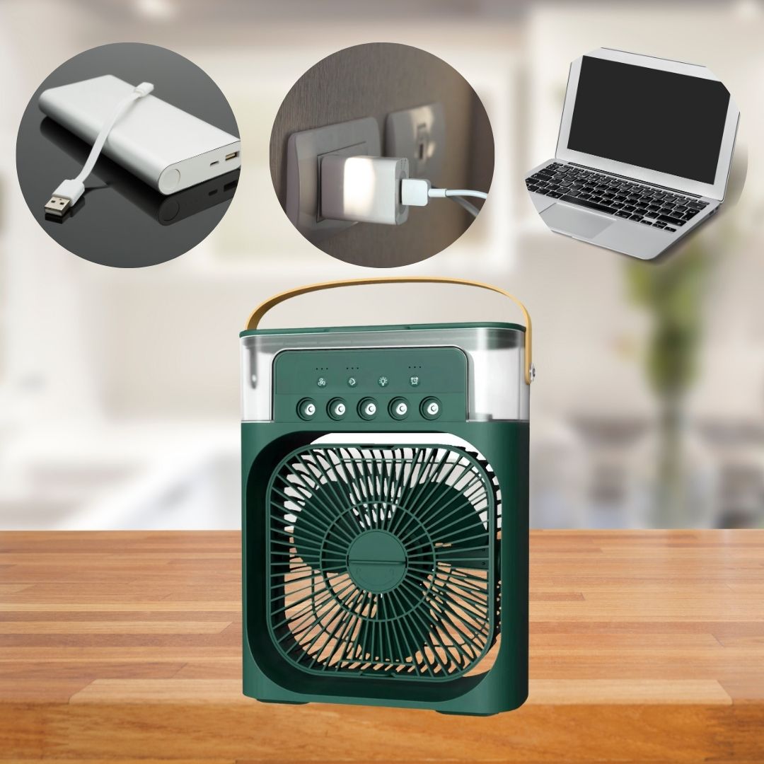 Home decor friendly 3-in-1 air cooler, humidifier, and personal desk fan.