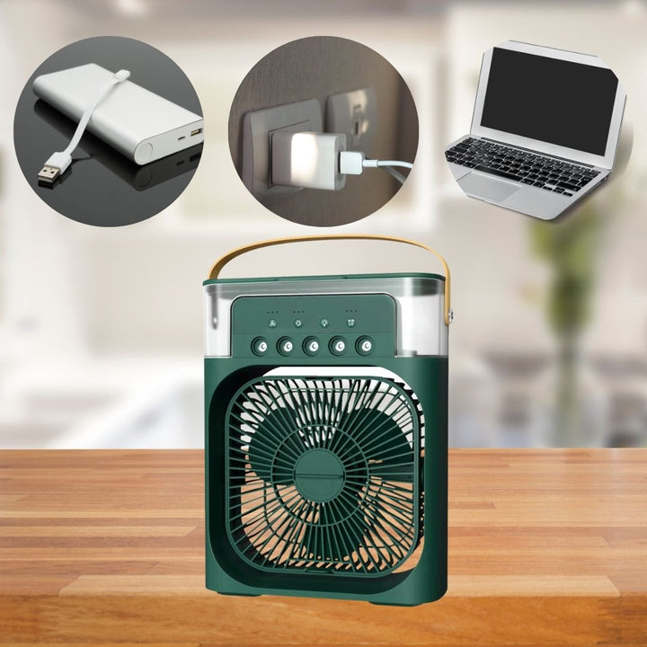 Home decor friendly 3-in-1 air cooler, humidifier, and personal desk fan.