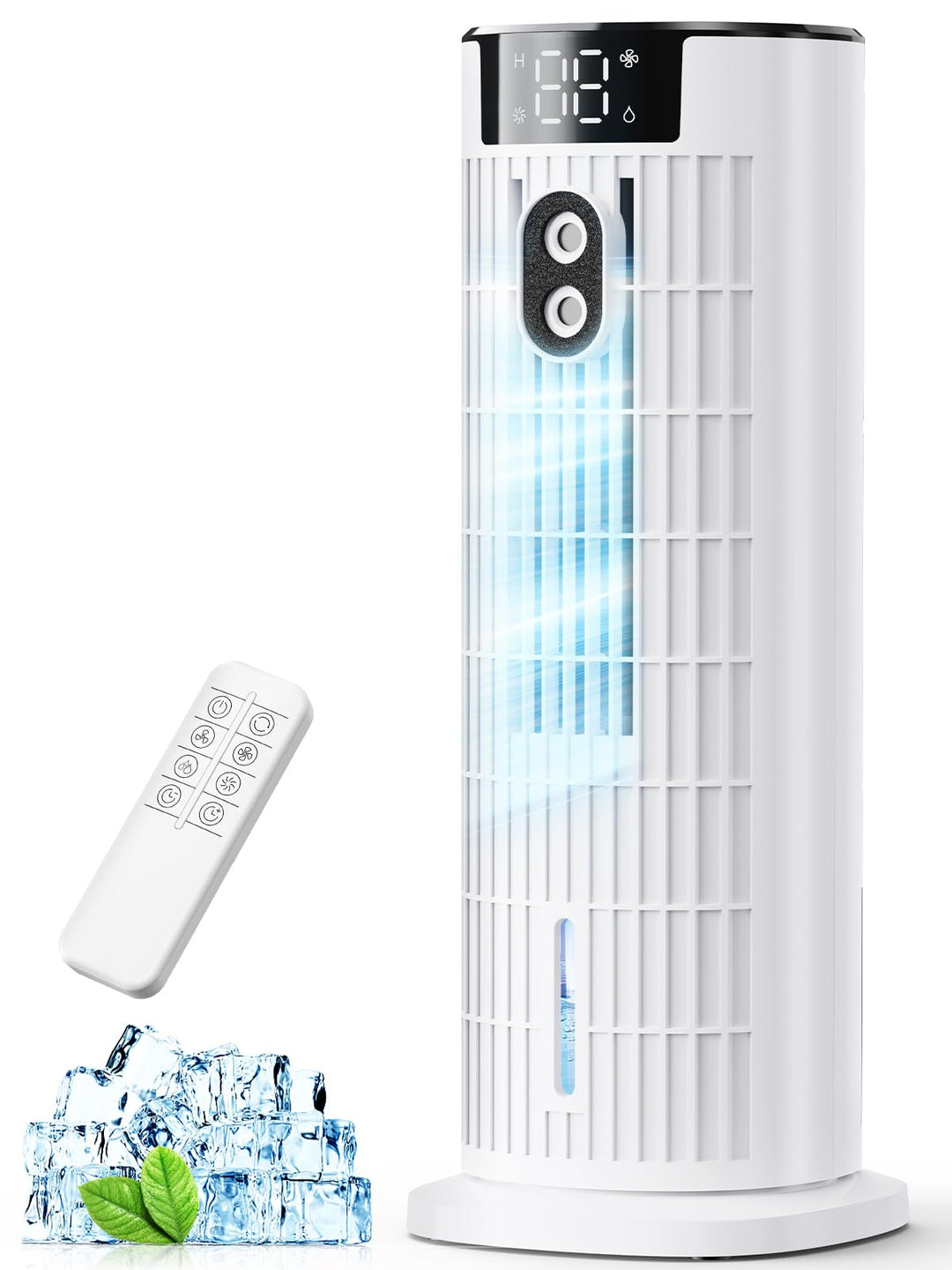 Portable 4-in-1 evaporative air cooler with remote for home cooling & personal comfort.