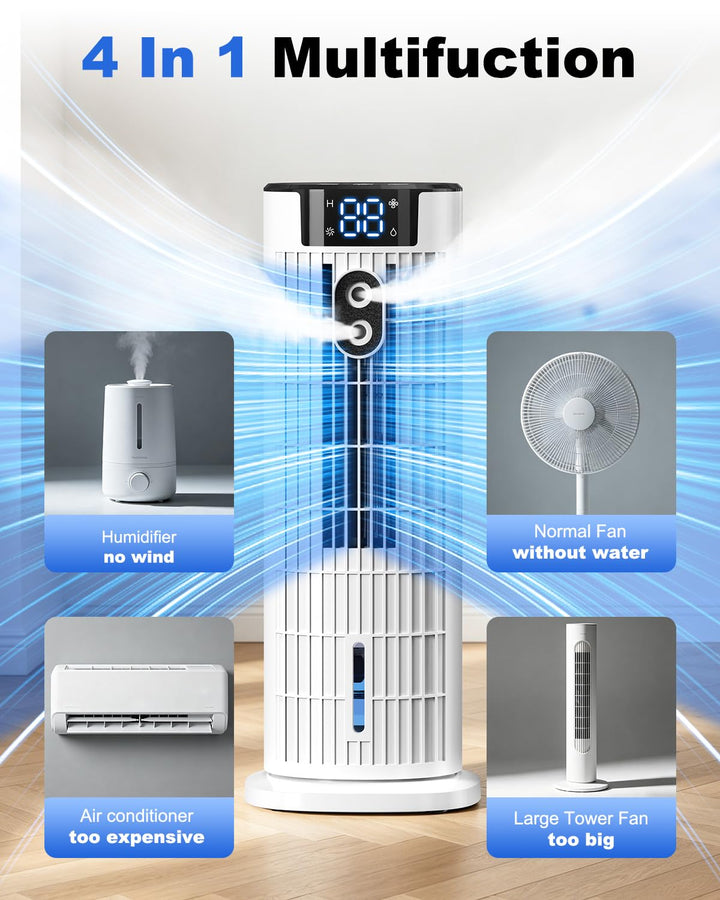 Home 4-in-1 evaporative air cooler, fan, humidifier & mist function with remote control.