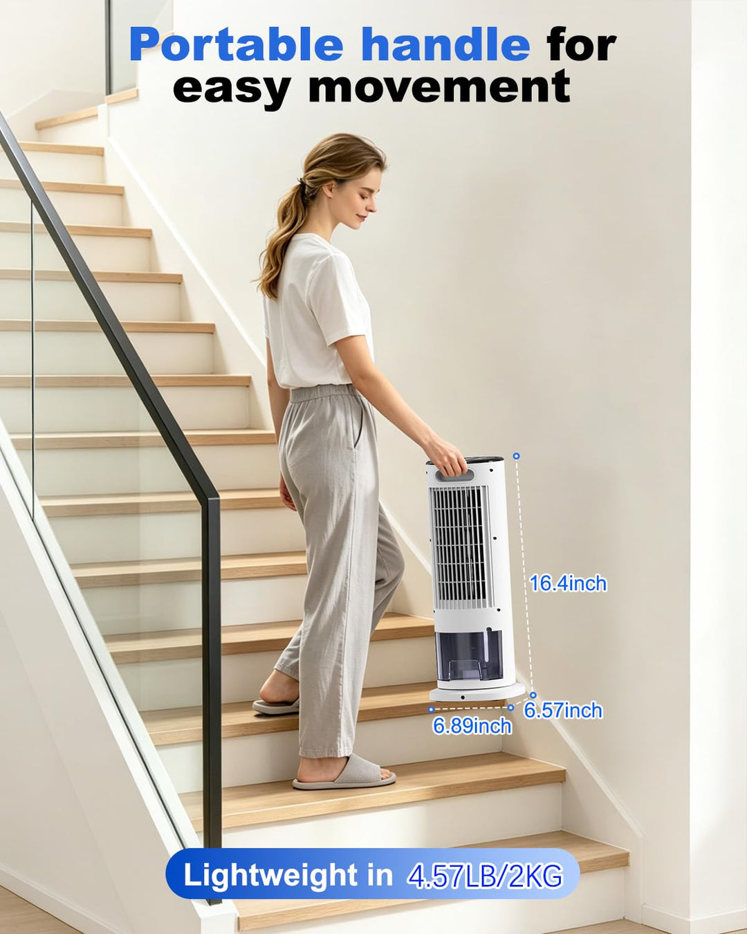 Compact 4-in-1 portable evaporative air cooler: fan, humidifier, mist, and remote for personal cooling.