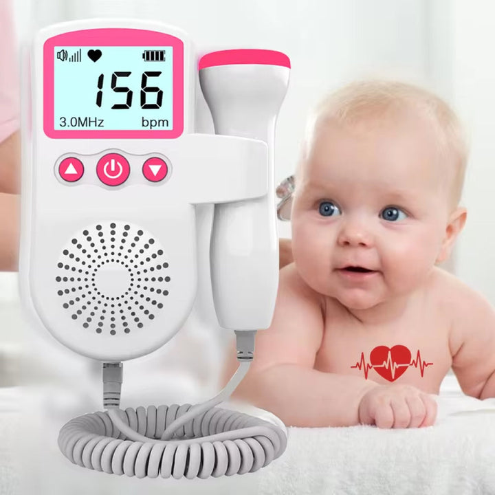 Pregnant woman using a portable baby heartbeat monitor at home for clear audio fetal sounds. Reassurance.