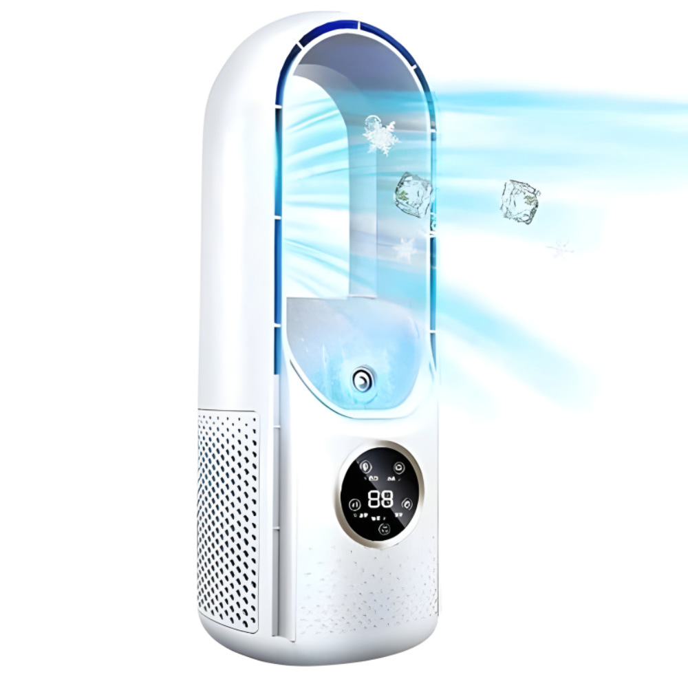 Compact bladeless personal AC unit providing quiet, efficient cooling for any room.