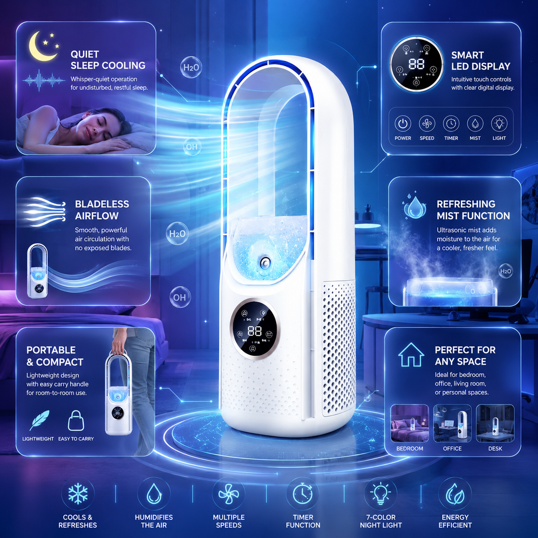 Bladeless office cooler, a quiet portable air conditioner for personal comfort at your desk.