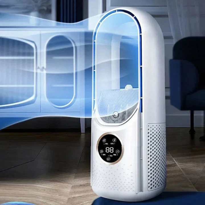 Portable bladeless cooler for quiet personal cooling, enhancing home comfort effortlessly.