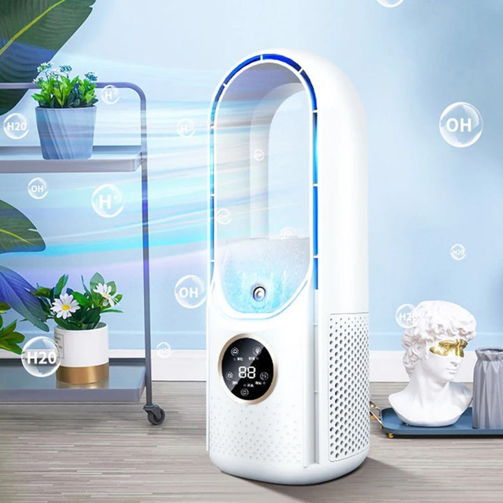 Sleek portable bladeless air cooler keeping an office desk cool & silent. Perfect for summer.
