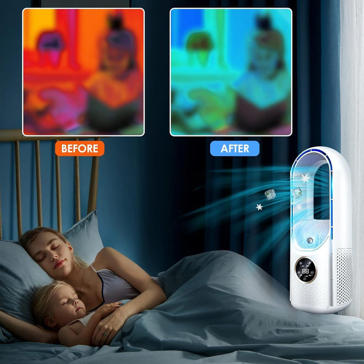 Modern silent bladeless air cooler providing cool air in a home living room. USB powered.