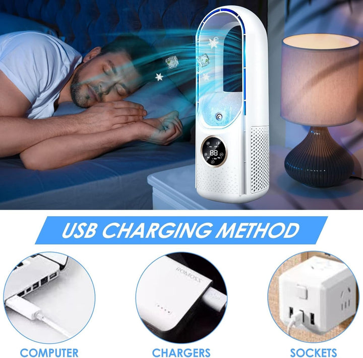 Refreshing cool air from a portable, silent, bladeless fan, perfect for summer heat at home/office.