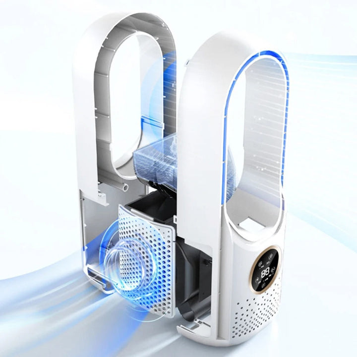 Quiet portable bladeless air cooler on a bedside table, ensuring a silent, cool home night's sleep.