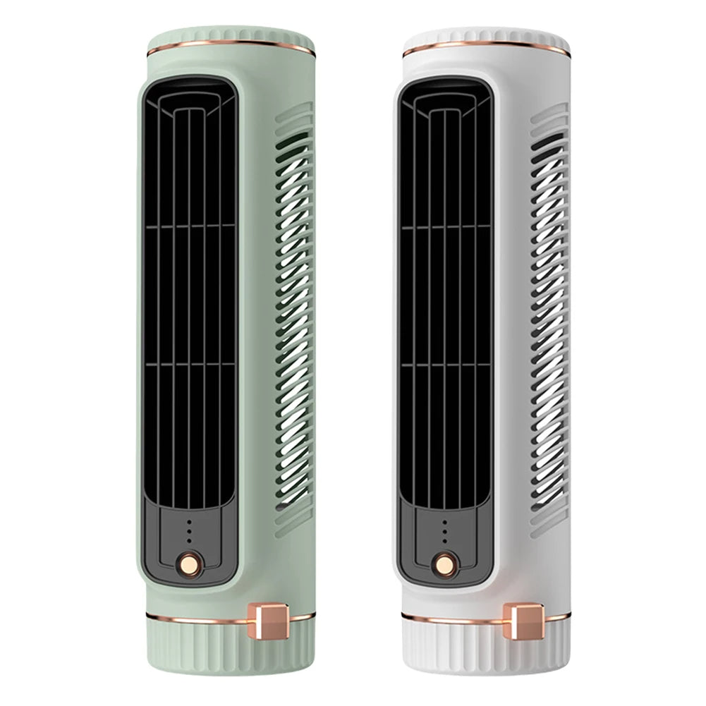 Sleek bladeless tower fan providing quiet, steady airflow. Ideal for personal comfort at home or desk.