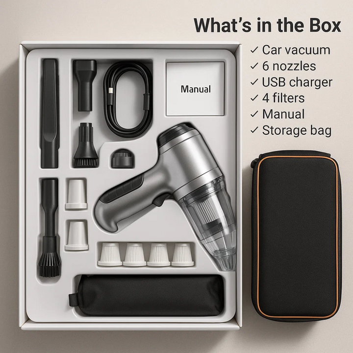 Rechargeable wireless vacuum for efficient car detailing and on-the-go cleaning.