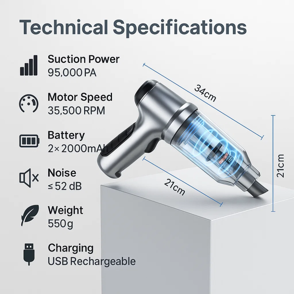 Sleek portable car cleaner, designed for easy storage and powerful suction.