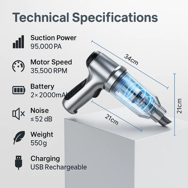 Sleek portable car cleaner, designed for easy storage and powerful suction.