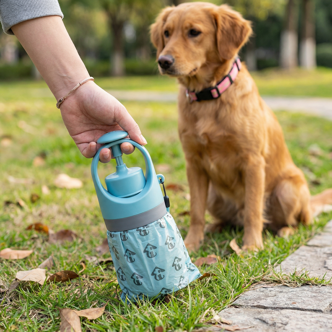 Portable dog poop scooper with pet waste bags, ideal for hygienic outdoor clean up & dog walking.