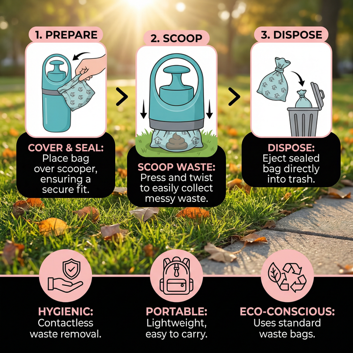 Person using a portable dog poop scooper with bags for clean & hygienic outdoor pet waste disposal.