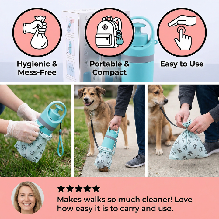 Compact dog poop scooper & waste bag dispenser, an essential for clean and convenient dog walks.