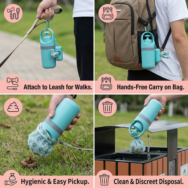 Hygienic dog poop scooper & waste bags for hands-free, outdoor pet clean up, keeping parks tidy.