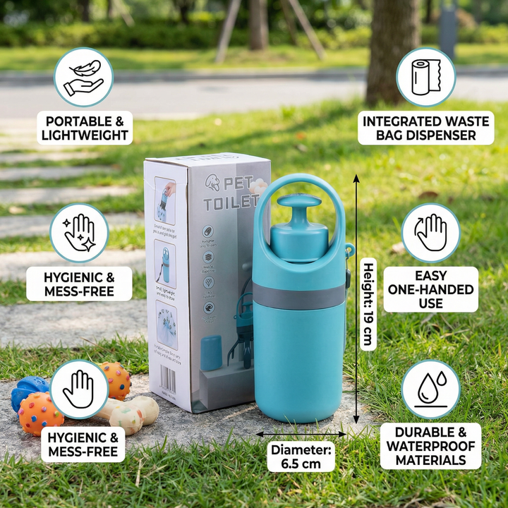 Durable dog poop scooper with integrated waste bag dispenser, a portable accessory for pet care.