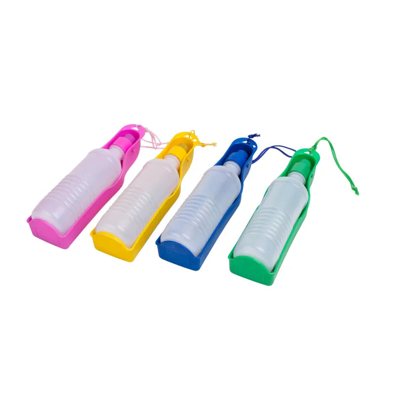 Outdoor dog gear: portable pet water bottle with attached bowl, ideal for hiking, camping, and park visits.