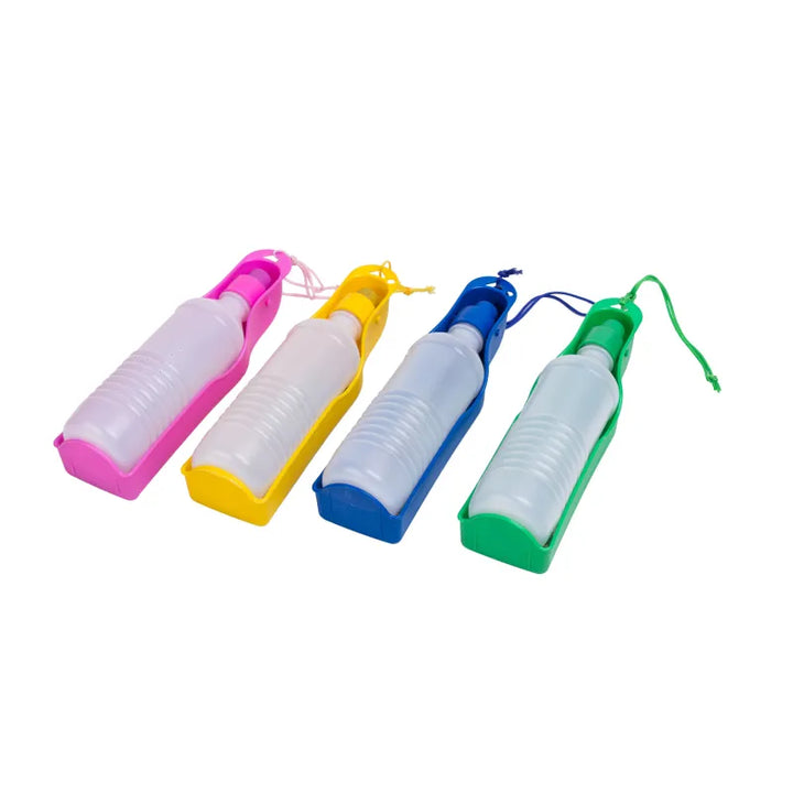 Outdoor dog gear: portable pet water bottle with attached bowl, ideal for hiking, camping, and park visits.