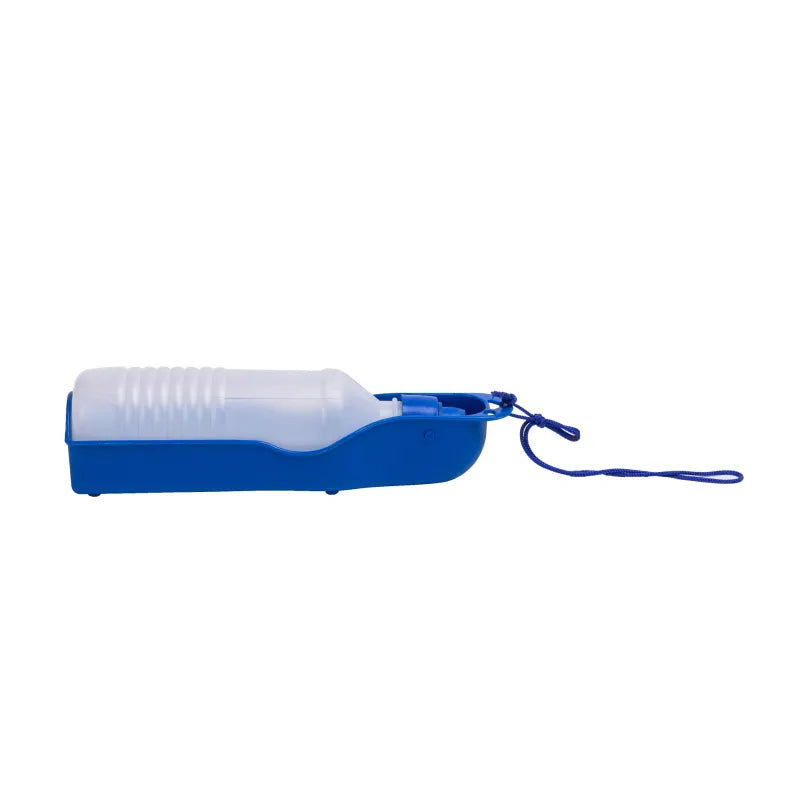 Travel dog water bottle with integrated bowl; leak-proof, one-handed, essential for pet hydration & walks.