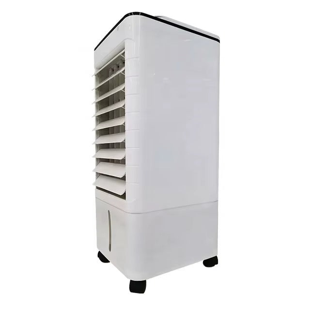 Modern portable air cooler with remote control & humidifier feature for easy climate control.