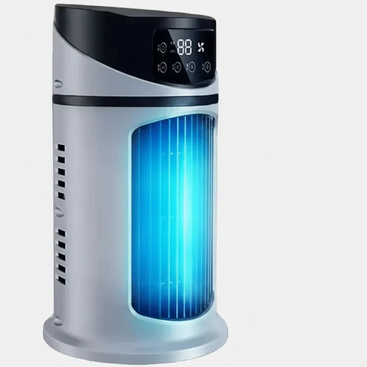 Compact portable evaporative air cooler fan and humidifier. Personal desktop cooling solution for office or home.