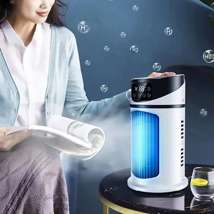 Sleek portable evaporative fan, perfect for personal cooling in bedroom or office. Quiet desktop air cooler.