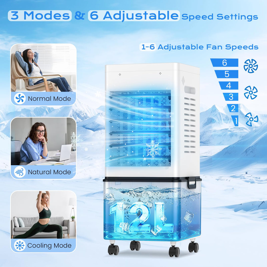 Compact evaporative cooler, perfect for portable air cooling in office or bedroom. Easy to move, personal comfort.