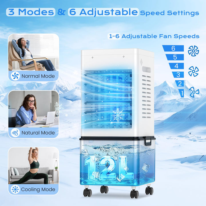 Compact evaporative cooler, perfect for portable air cooling in office or bedroom. Easy to move, personal comfort.