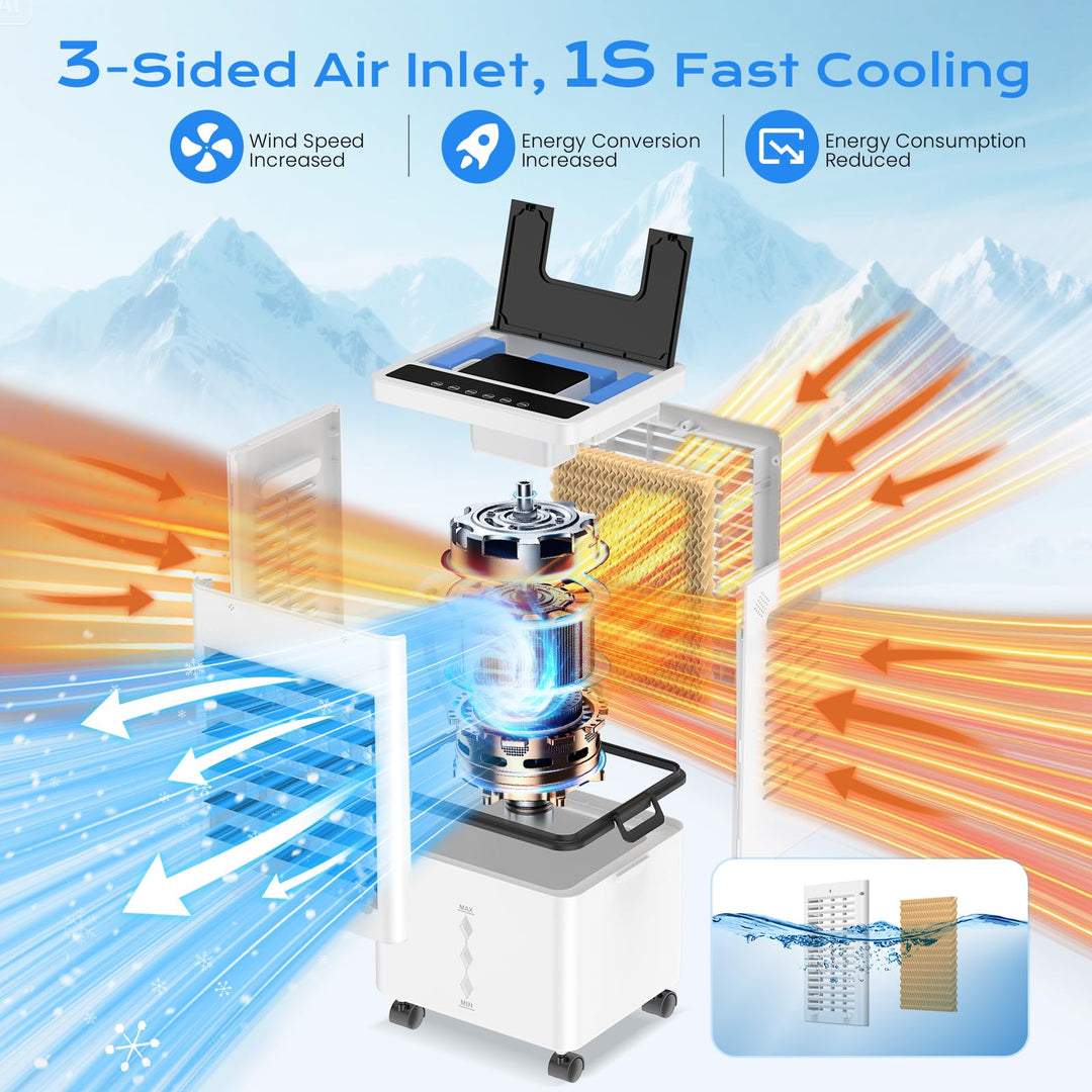 Evaporative room cooler with remote control for convenient home cooling. Energy-efficient summer air.