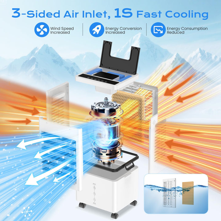 Evaporative room cooler with remote control for convenient home cooling. Energy-efficient summer air.