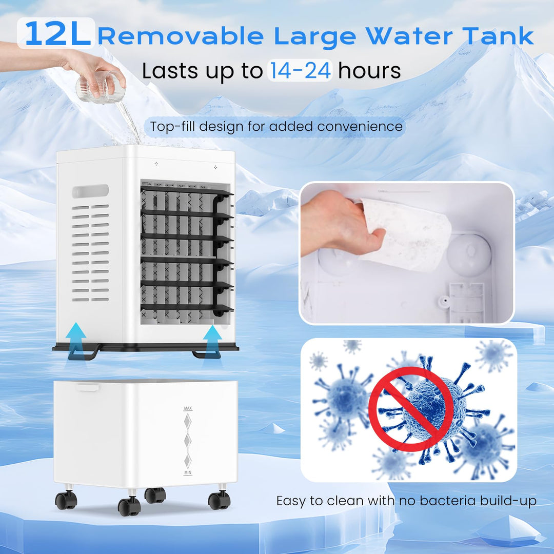 Modern portable air cooler, an energy-efficient solution for home office and personal summer comfort.