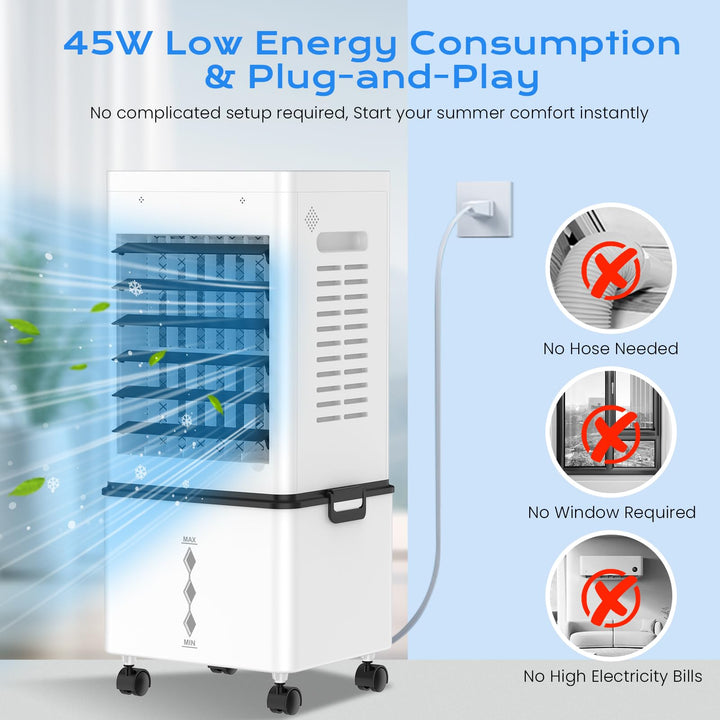Sleek portable evaporative cooler, bringing summer comfort and energy-efficient cooling to your home.
