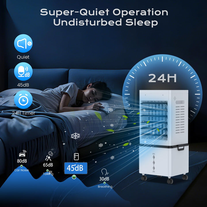 Efficient room cooler for home cooling, a portable evaporative air unit for summer comfort.