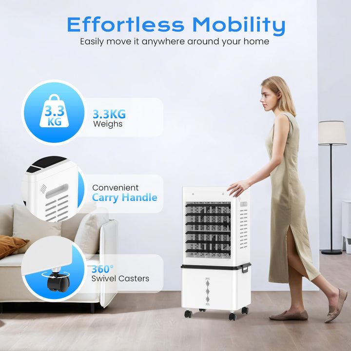 Desk-friendly personal cooling: a portable evaporative air cooler for focused summer comfort in office.