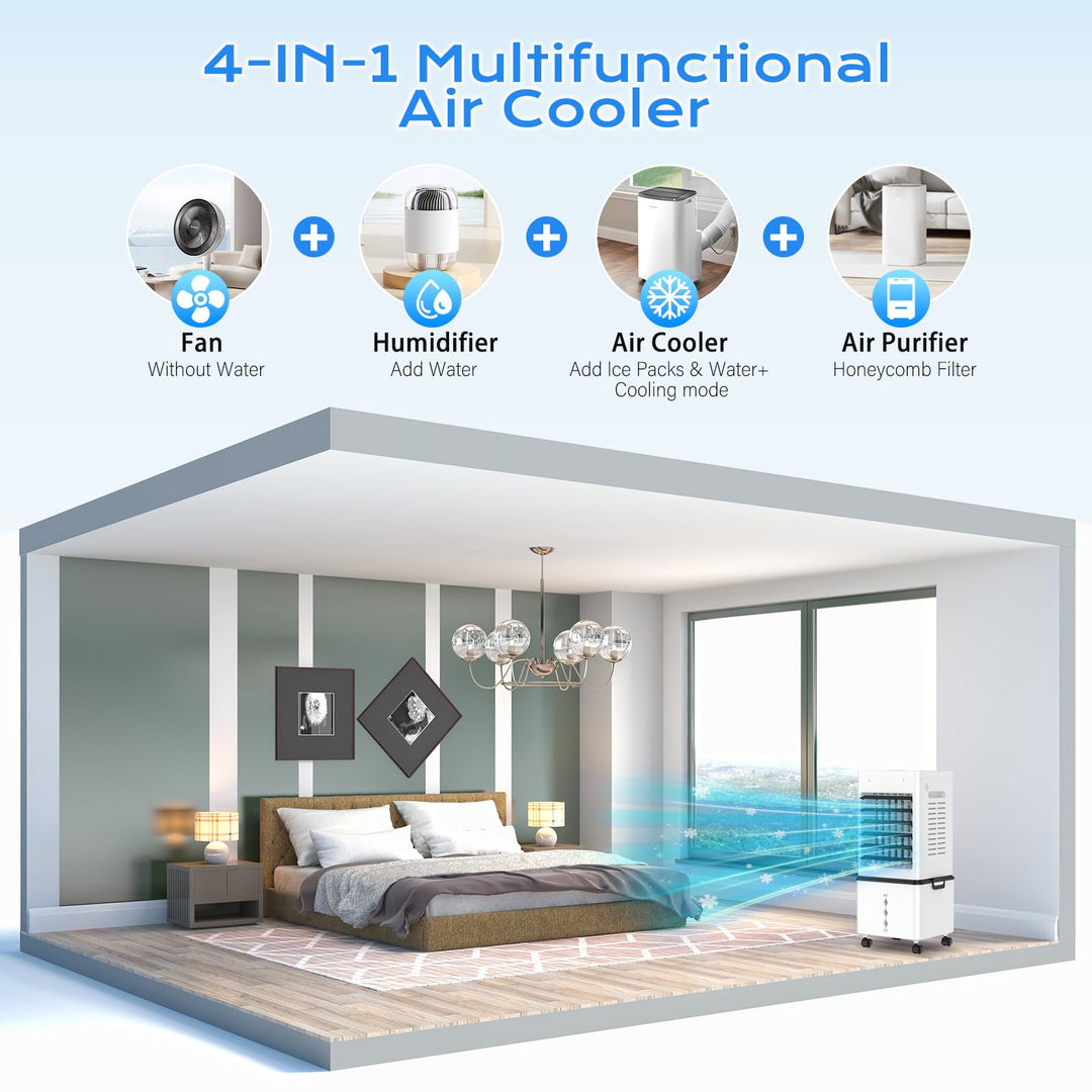 Energy-efficient evaporative cooler with remote control. Portable air for office & home cooling.