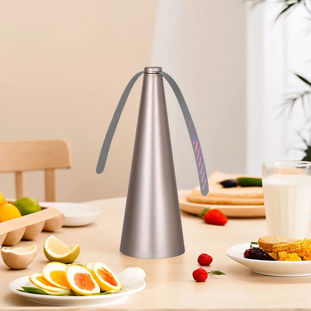 Battery-operated portable fly fan for convenient outdoor pest control & picnics.