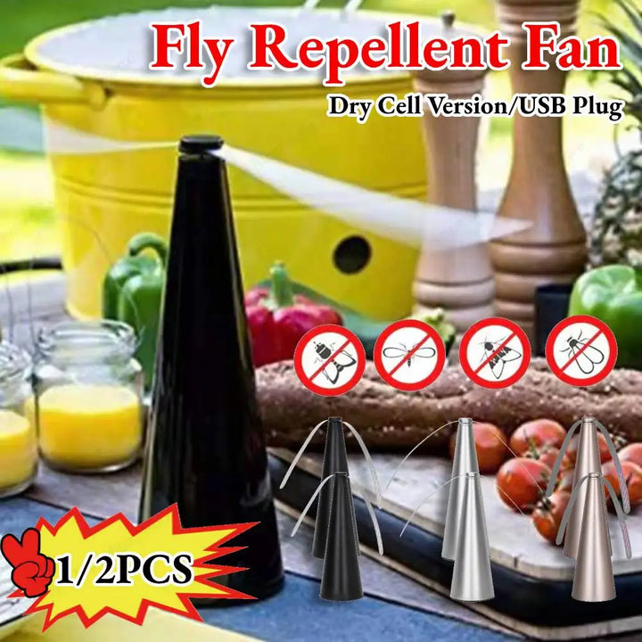 Portable fly fan, insect repellent, for outdoor dining, parties, & BBQs.
