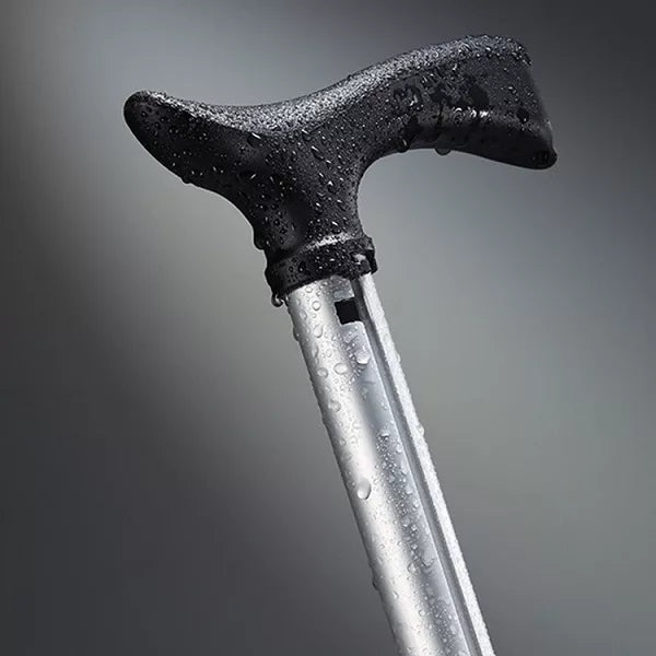 Portable folding walking cane with integrated seat, black, for mobility support and convenient rest.
