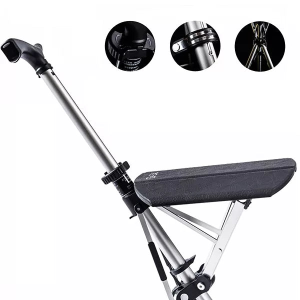 Compact travel cane with a fold-out seat, ideal mobility aid for elderly and disabled individuals.