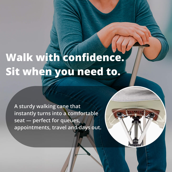 Elderly assistance folding cane with seat, offering reliable support and a quick rest option anywhere.