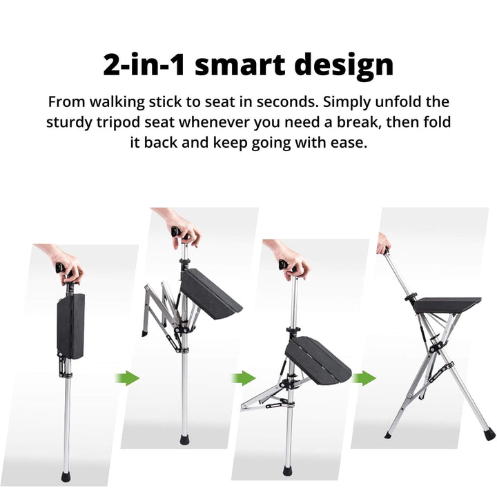 Durable disabled support cane with folding seat, ensuring safe and comfortable mobility for users.